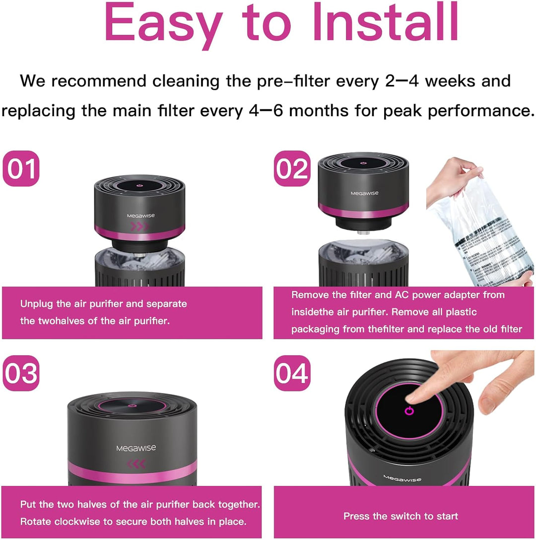 MEGAWISE Büro Luftreiniger mit 3-in-1 True HEPA Filter Desktop Luftreiniger für Haustiere, Raucher,