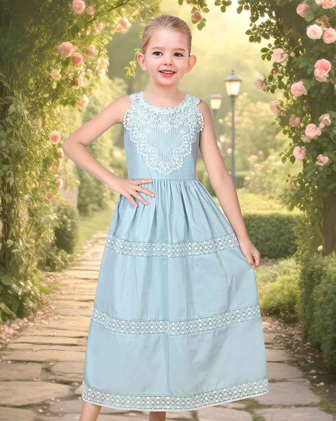 Sunny Fashion Mädchen Kleid Blume Schnüren Saum Hochzeit Erstkommunion Gr. 110-158 122 Blaue Spitze,