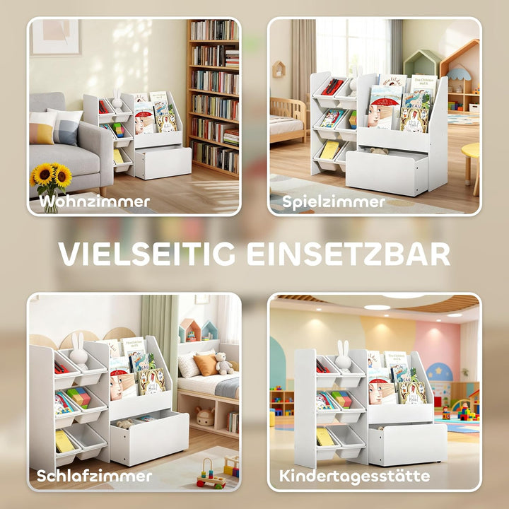 AIYAPLAY Kinderregal, Kinder-Bücherregal mit 6 herausnehmbaren Aufbewahrungsboxen, Bücherablagen, ro