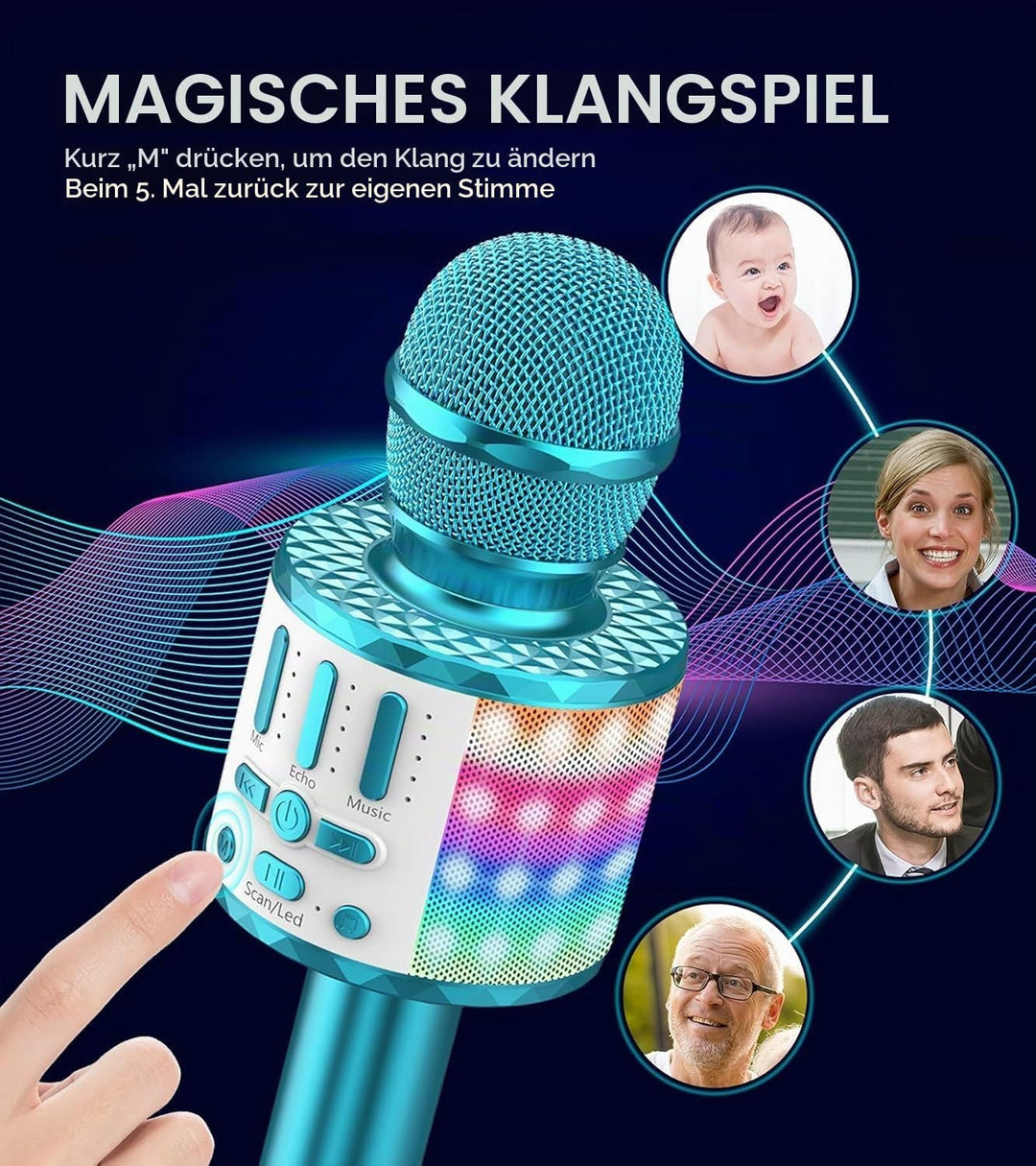 Karaoke Mikrofon, Drahtloses Bluetooth Mikrofon Kinder mit LED, Tragbares Karaoke Maschine zum Singe