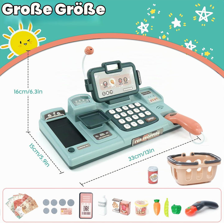 Kinder Kasse Spielzeug Supermarkt Registrierkasse mit Scanner, Sound, Essen, Kreditkarten-Geschenk,