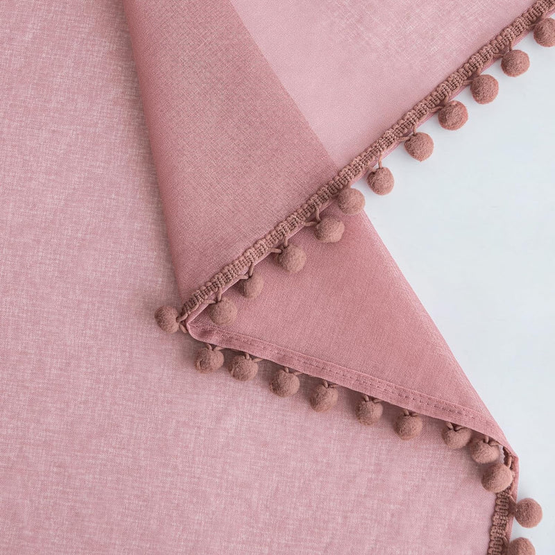 MIULEE Gardinen mit Pompons-Hübsche Altrosa Transparent Gardinen für Kinderzimmer Mädchen, 2 Stücke