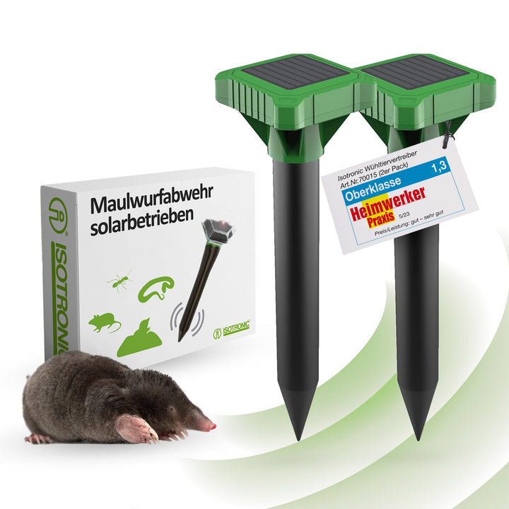 ISOTRONIC Solar Maulwurfabwehr zum Vertreiben von Maulwürfen, Wühlmäusen & Schlangen – Maulwurfschre