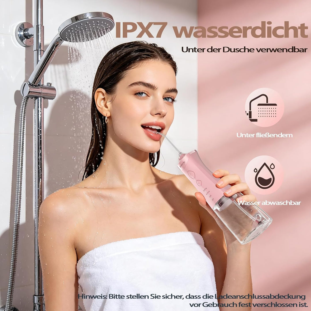 OasiSmile Kabellose Elektrische Munddusche, 4 Modi DIY Druck &amp; 5 Düsen,Rosa | Munddusche Testsieger