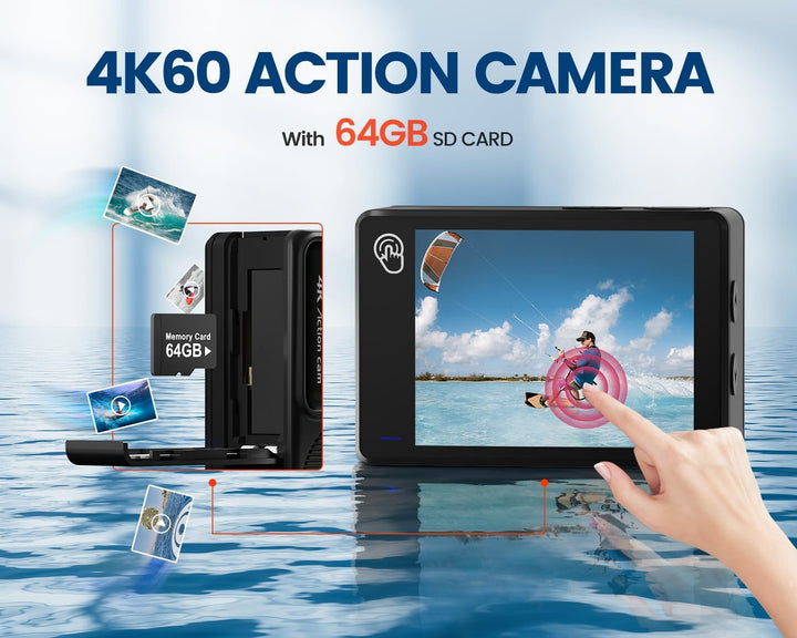 Dual Screen Action Cam 4K Mit 64GB Karte, 48MP WiFi ActionKameras, 40M Unterwasserkamera Mit EIS,170