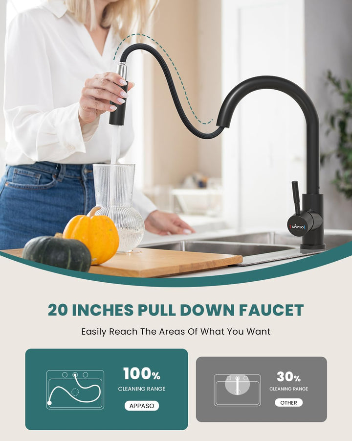 Wasserhahn Küche Schwarz, APPASO Küchenarmatur Ausziehbar 360° Drehbar, Hochdruck Mischbatterie mit
