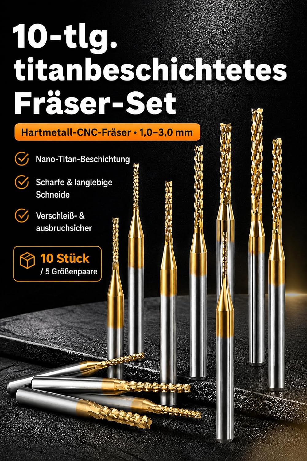 VOBOR 10 Stücke Schaftfräser 1,0-3,0mm, Titan Beschichtete Hartmetall CNC Fräser, 1.0mm, 1.5mm, 2.0m