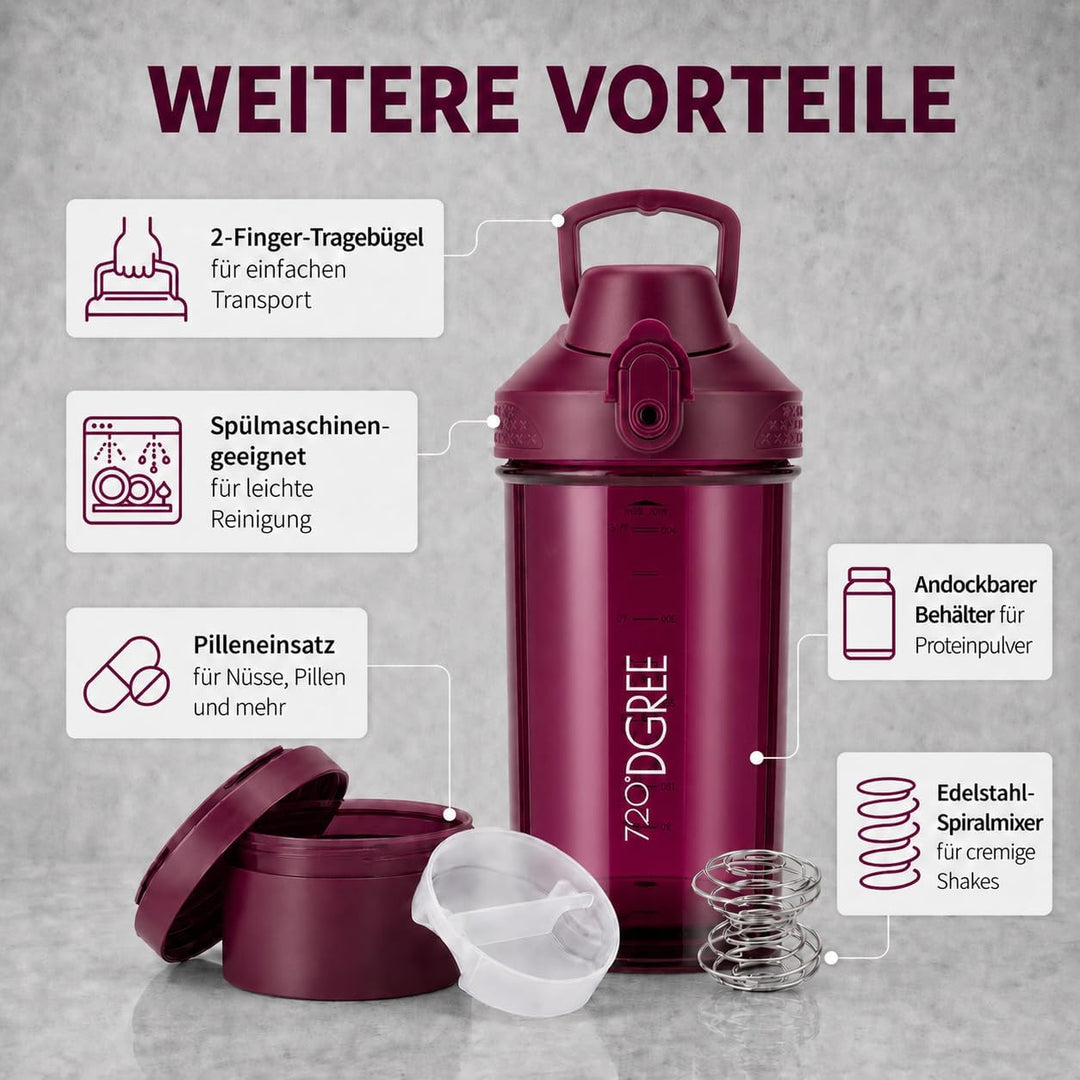 720°DGREE Protein Shaker mit Pulverfach 550ml “uberShaker“ – Auslaufsicher, BPA-Frei, Skala, Spiralm