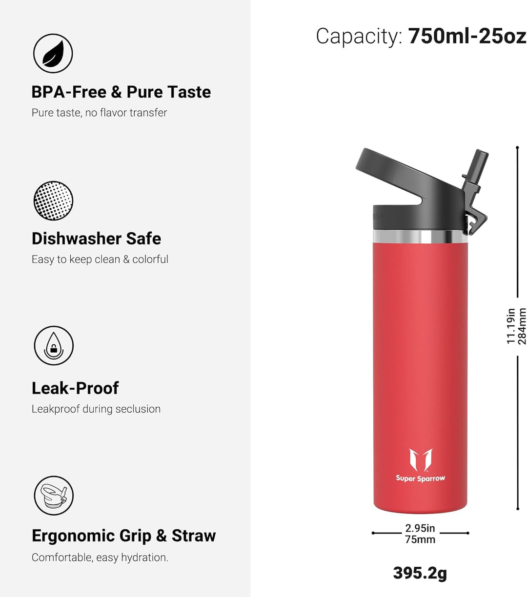 Super Sparrow Trinkflasche Edelstahl 750ml - Breite Öffnung SwivelSip Thermosflasche - BPA-Frei Ther