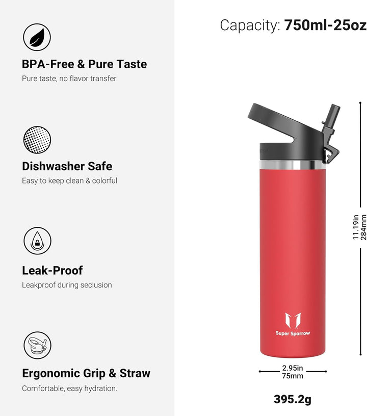 Super Sparrow Trinkflasche Edelstahl 750ml - Breite Öffnung SwivelSip Thermosflasche - BPA-Frei Ther