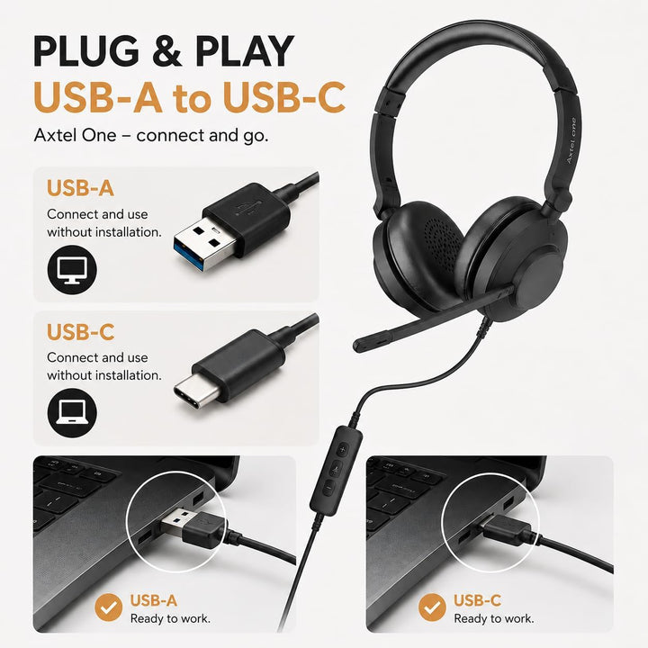 One UC Stereo Wired Headset - USB-A & USB-C - ENC Noise Cancelling Mic - Inline Controls - 40mm Spea