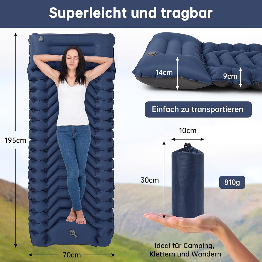HAUSPROFI Isomatte Camping, Ultraleicht Camping Luftmatratze mit Fusspumpe & Kissen, Aufblasbare Mat