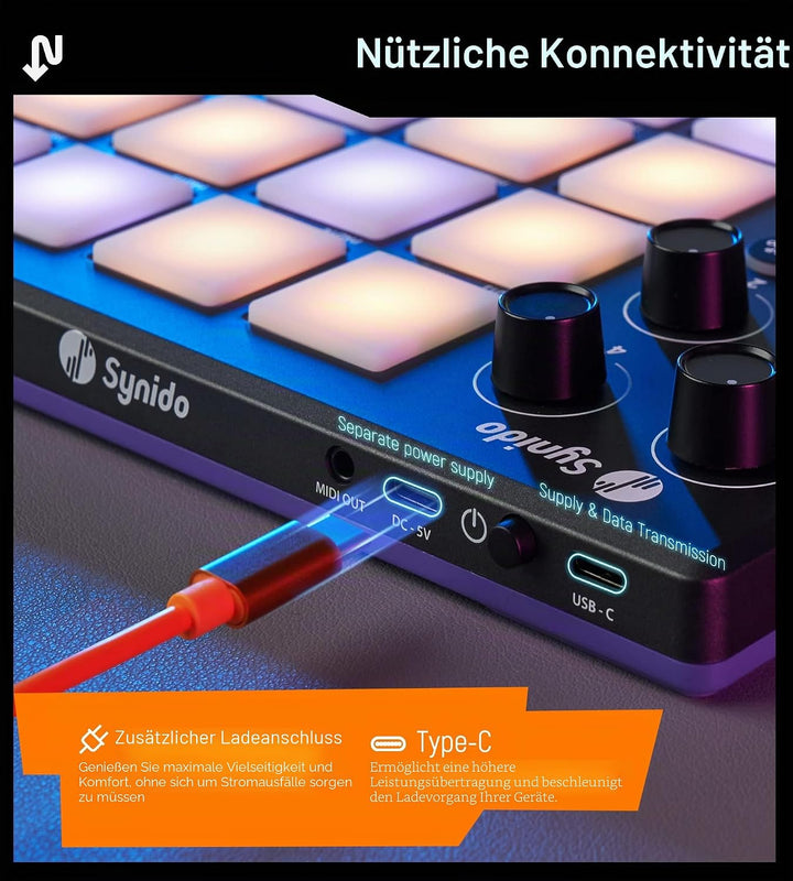 Synido MIDI Pad Beat Maker Maschine mit 16 RGB Beat Pads, USB Portable Mini MIDI Controller Pad mit