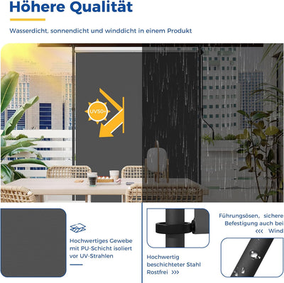 HOMEDEMO Senkrechtmarkise Aussen, Vertikalmarkise ohne Bohren, Balkonrollo mit Handkurbel, Sichtschu