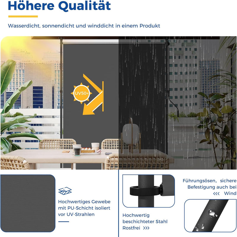 HOMEDEMO Senkrechtmarkise Aussen, Vertikalmarkise ohne Bohren, Balkonrollo mit Handkurbel, Sichtschu