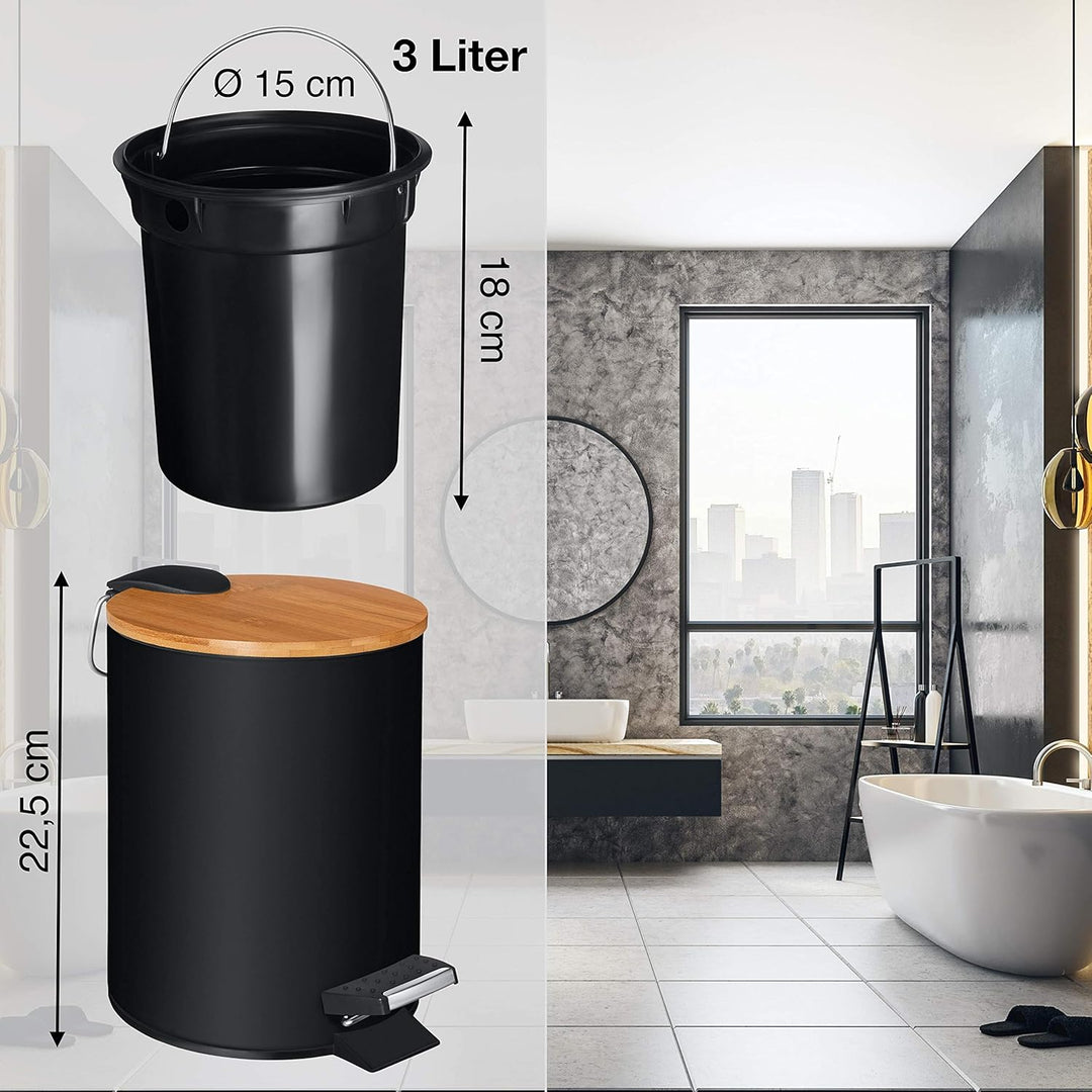 VMbathrooms 3L Kosmetikeimer in edlem schwarzem Design | Tretmülleimer mit Absenkautomatik (Soft Clo