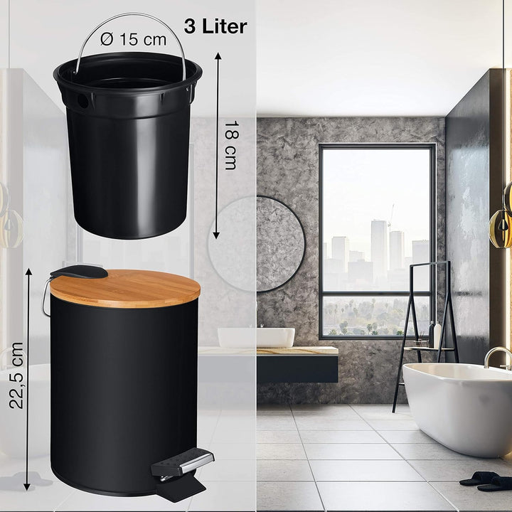 VMbathrooms 3L Kosmetikeimer in edlem schwarzem Design | Tretmülleimer mit Absenkautomatik (Soft Clo