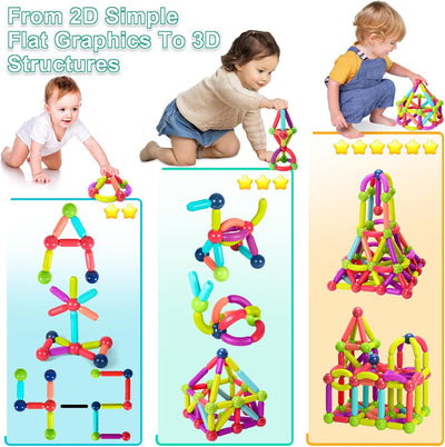 AOUVT 64 Pcs Magnetische Bausteine Spielzeug, 3D Konstruktions Spielzeug, Magnetspielzeug für Kinder