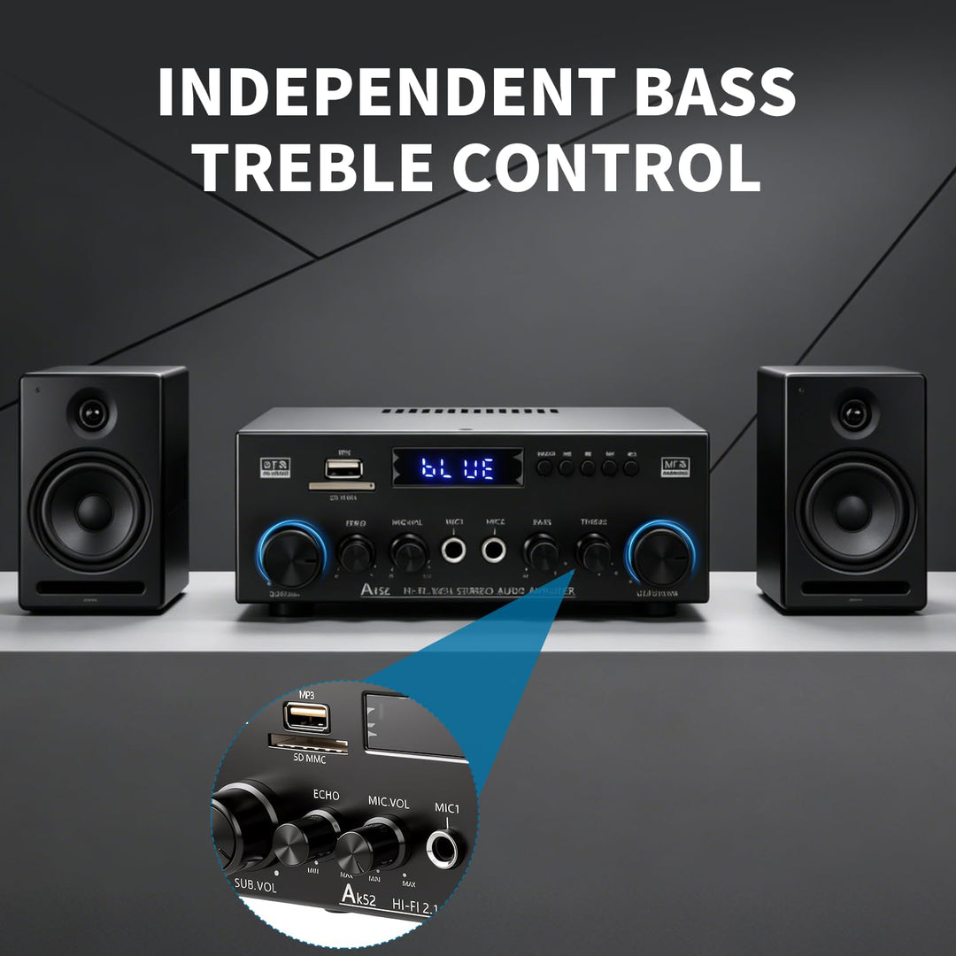 2.1-Kanal Bluetooth 5.3 HiFi-Verstärker mit Subwoofer – 1000W Peak | (50W+50W RMS) SD/USB/FM Radio |