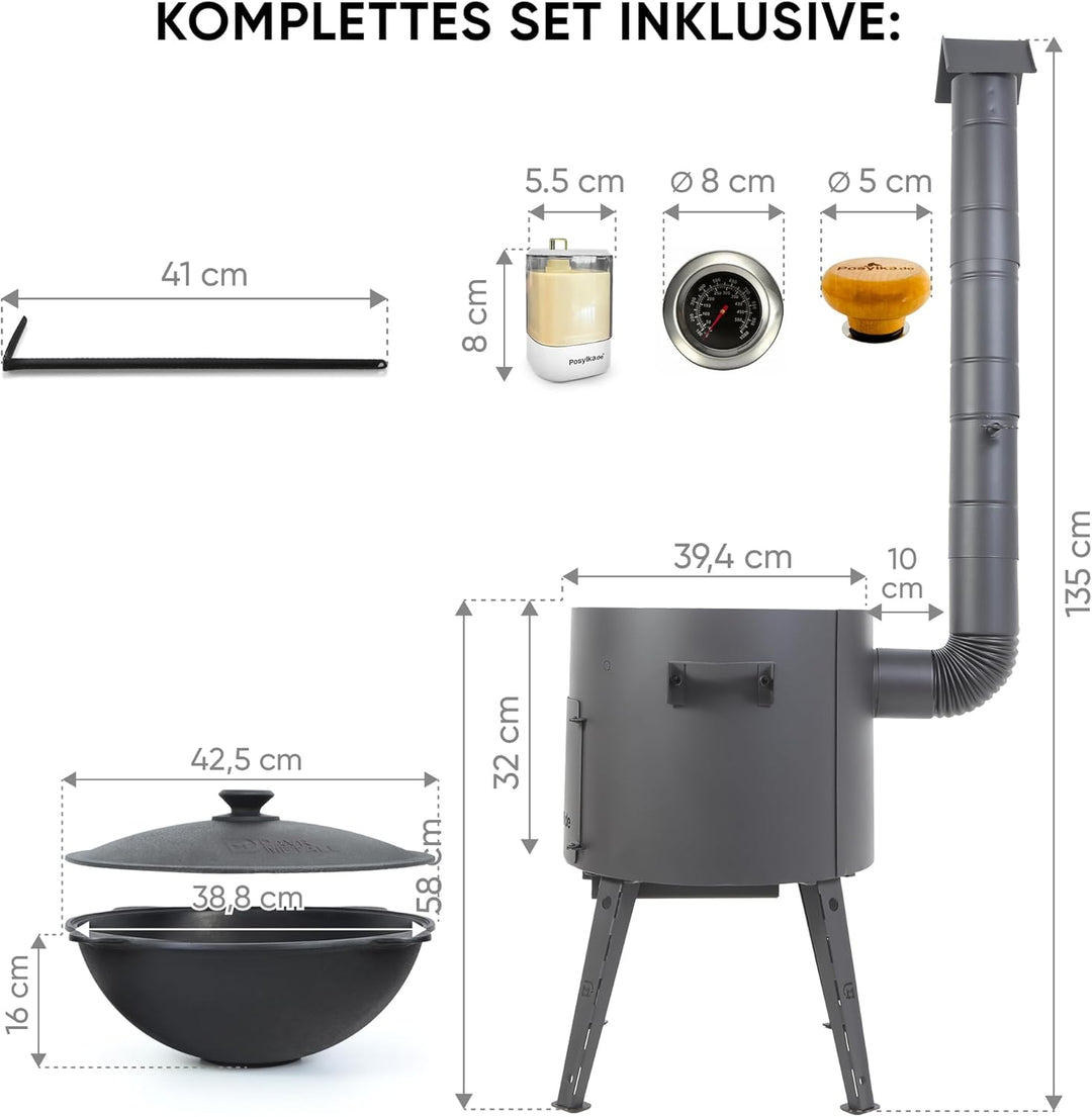 Utschak Feuerofen Ø 40 cm &amp; Gusseisen-Kasan 12 L | Kazan-Set mit Deckel | Usbekischer Kochtopf für G