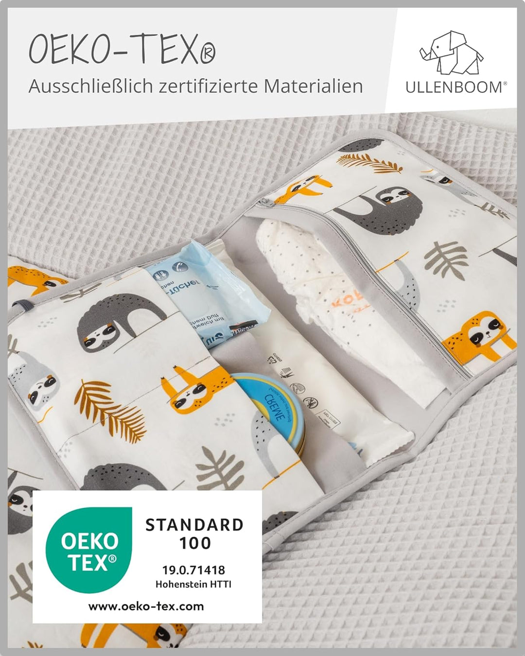 ULLENBOOM Windeltasche für unterwegs, Grau Faultiere, Made in EU - Wickeltasche für bis zu 3 Windeln