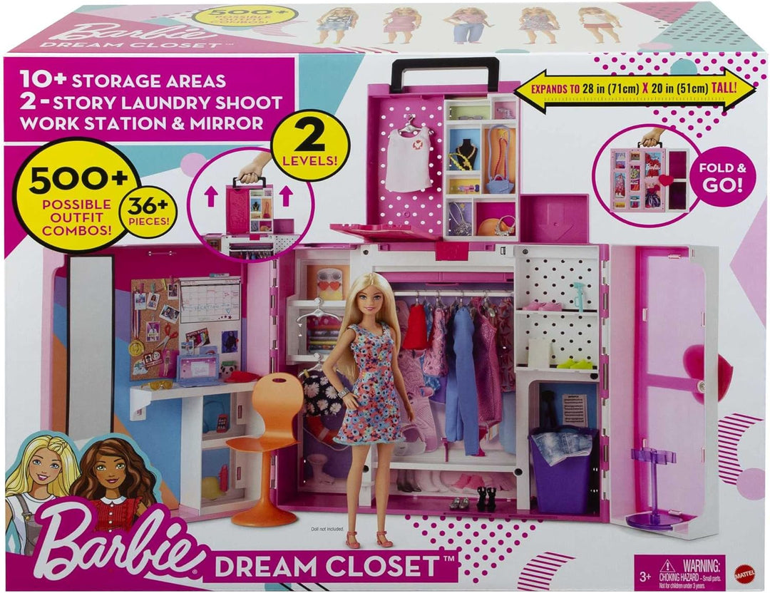 Barbie Traum Kleiderschrank mit Barbie Kleidung und Zubehör, 2 Etagen Wäscheschrank, Arbeitsplatz, S