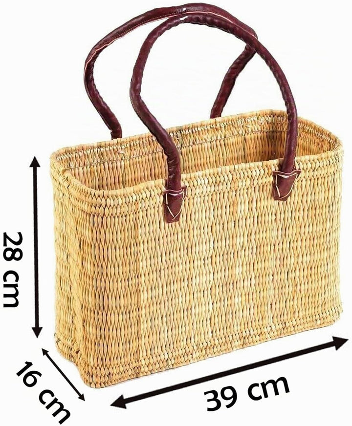 Einkaufskorb aus Seegras I geflochtene Tasche mit Ledergriff I mittlere Grösse mit langem Griff I bl