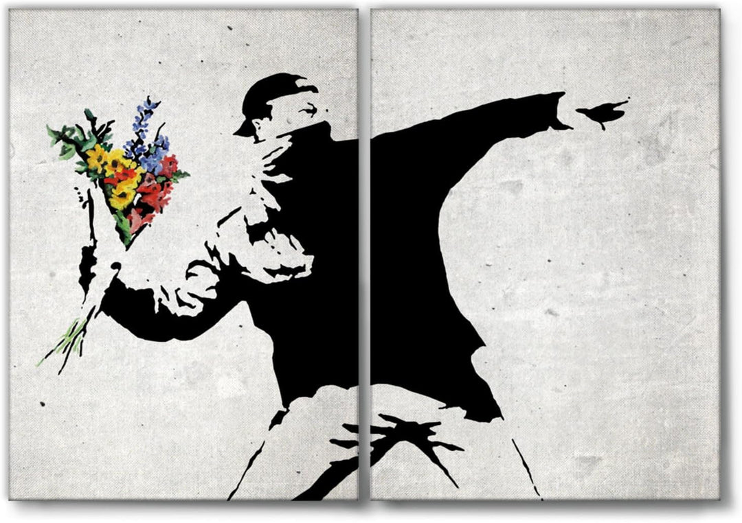 Giallobus - Grosse Gemälde im XXL-Format - Banksy - Street Art - Blumenwerfer - Leinwand - 144x100cm