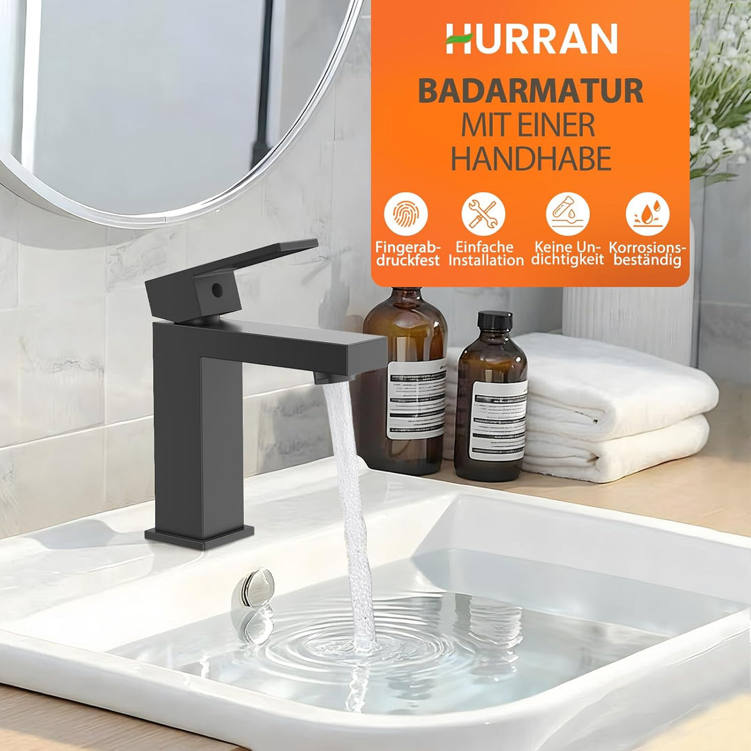Wasserhahn Bad Einhebel-Waschtischarmatur, HURRAN Wasserhahn Badezimmer Schwarz Matt, Waschbeckenhah