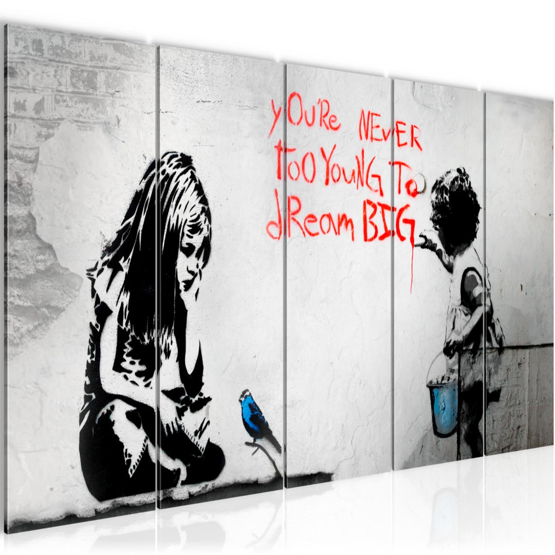 Runa Art Wandbild XXL Banksy Mädchen mit Vogel Loft Wohnzimmer 200 x 80 cm Grau Blau 5 Teilig - Made