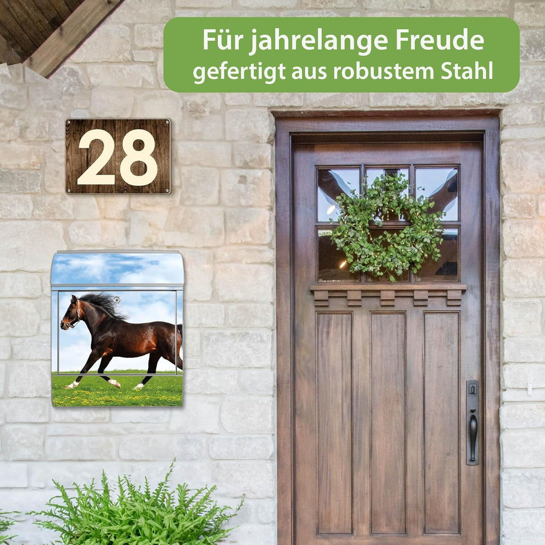 banjado® Design Briefkasten mit Motiv Pferd 39x47x14cm &amp; 2 Schlüssel - Briefkasten Stahl Silber mit