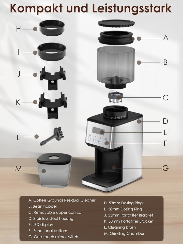 Homtone Kaffeemühle Elektrisch für Siebträger und Behälter, 51 Mahlstufen Kaffeemühle Siebträger Ele