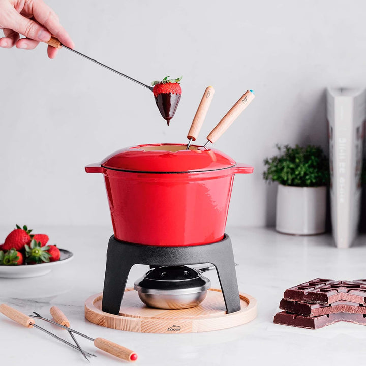 Lacor - 71711 - Fondue-Set aus emailliertem Eisen, Eisenständer mit Holzsockel, induktionsgeeignet,