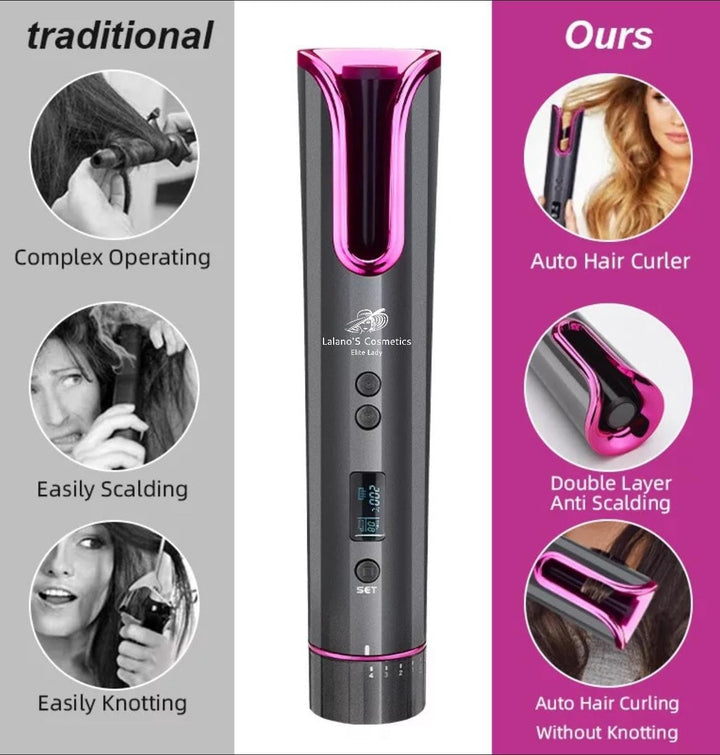 Lalano’S Cosmetics Automatischer Lockenstab – Kabelloser Smart Hair Curler mit LCD-Display, Keramikb