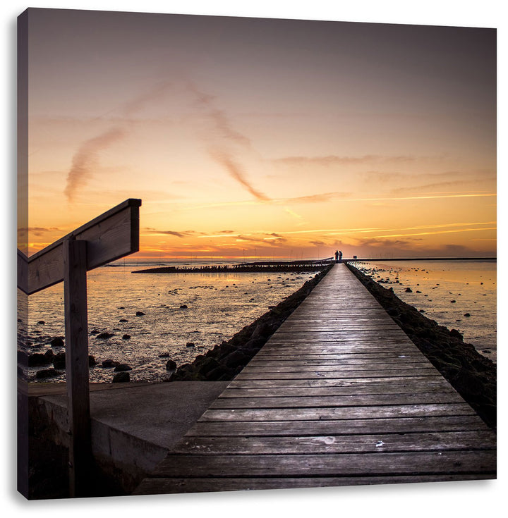 Pixxprint Langer Steg im Sonnenuntergang an der Nordsee, Format: 70x70 auf Leinwand, 70x70