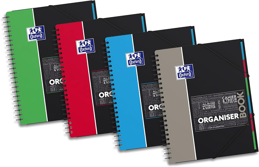 Oxford Organiserbook A4 Studium Collegeblock kariert, 80 Blatt, 5 Stück mit 4 Farben Organiserbook k