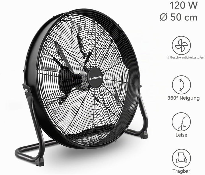 TROTEC Bodenventilator TVM 20 D – 120 Watt, Neigungswinkel 360°, 3 Stufen, Ø 50 cm, kippfester Stand
