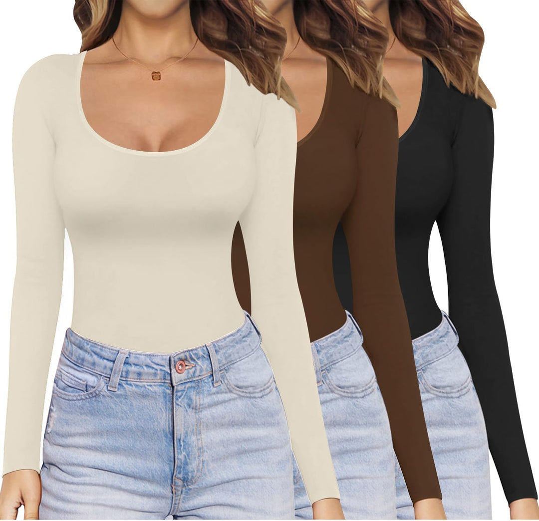 Ekouaer Langarmshirt Damen 1er/3er Pack Dünn Unterhemd Layer Tee Sexy Thermo Shirt Slim Fit Basic To