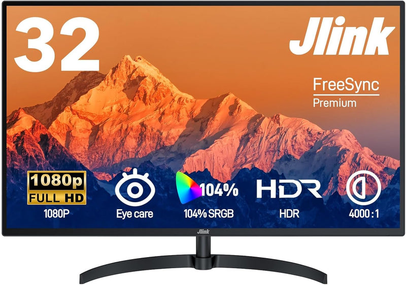 Jlink Computer Monitor 32 Zoll, FHD 1920x1080P, 60Hz, 104% sRGB-Anzeige mit HDMI VGA 3,5mm Audio, HD