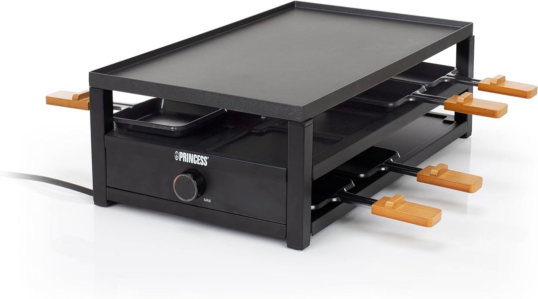 Princess Raclette Black Steel – 8 Personen Parkdeck für Pfännchen grosse Kochfläche 44 x 25 cm regel