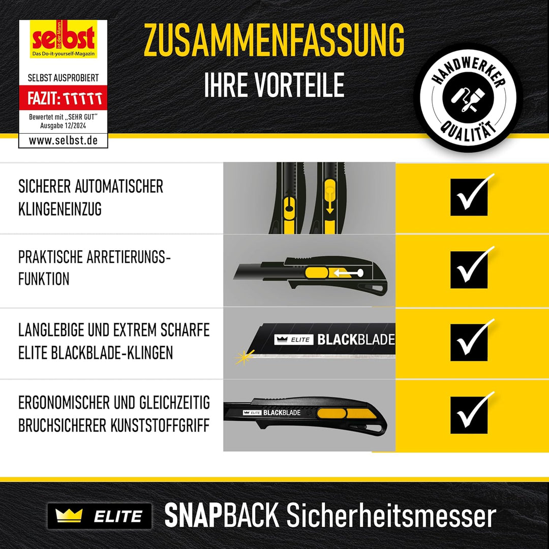 3x ELITE SNAPBACK Sicherheitsmesser Set inkl. 13x Ersatzklingen – Extrem langlebiges Universal-Cutte