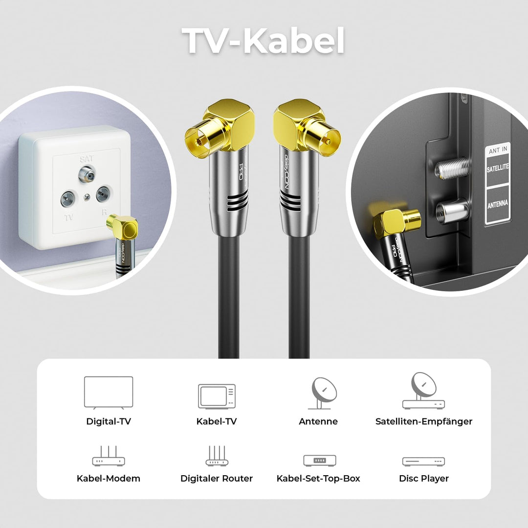 deleyCON 10m TV Antennenkabel HDTV Full HD - 2x gewinkelt - Koaxialkabel - TV-Stecker (90° Grad) zu