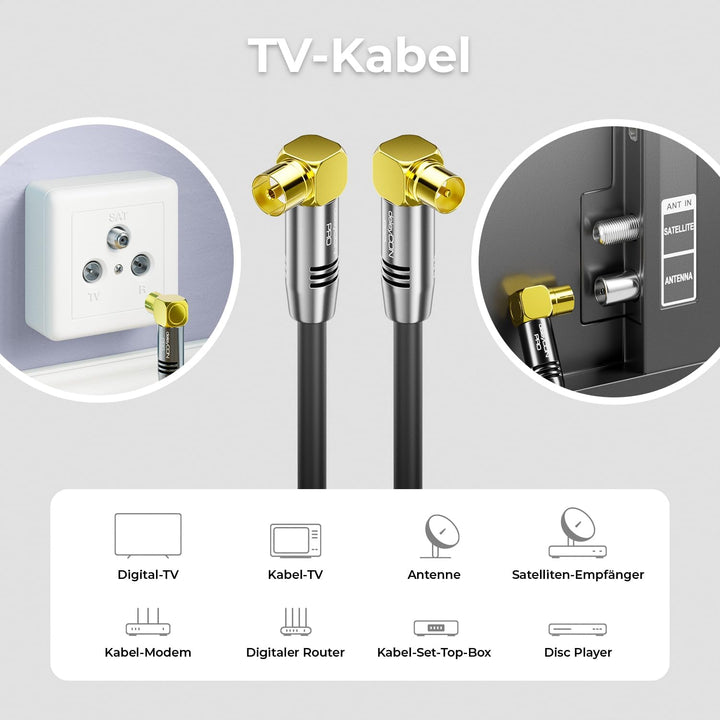 deleyCON 10m TV Antennenkabel HDTV Full HD - 2x gewinkelt - Koaxialkabel - TV-Stecker (90° Grad) zu