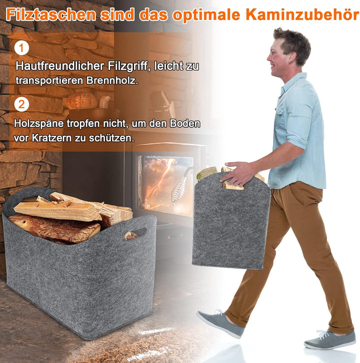 HENGMEI Filztaschen für kaminholz 2 Stück Kaminholztasche Faltbar Filzkorb Kaminholzkorb Einkaufstas
