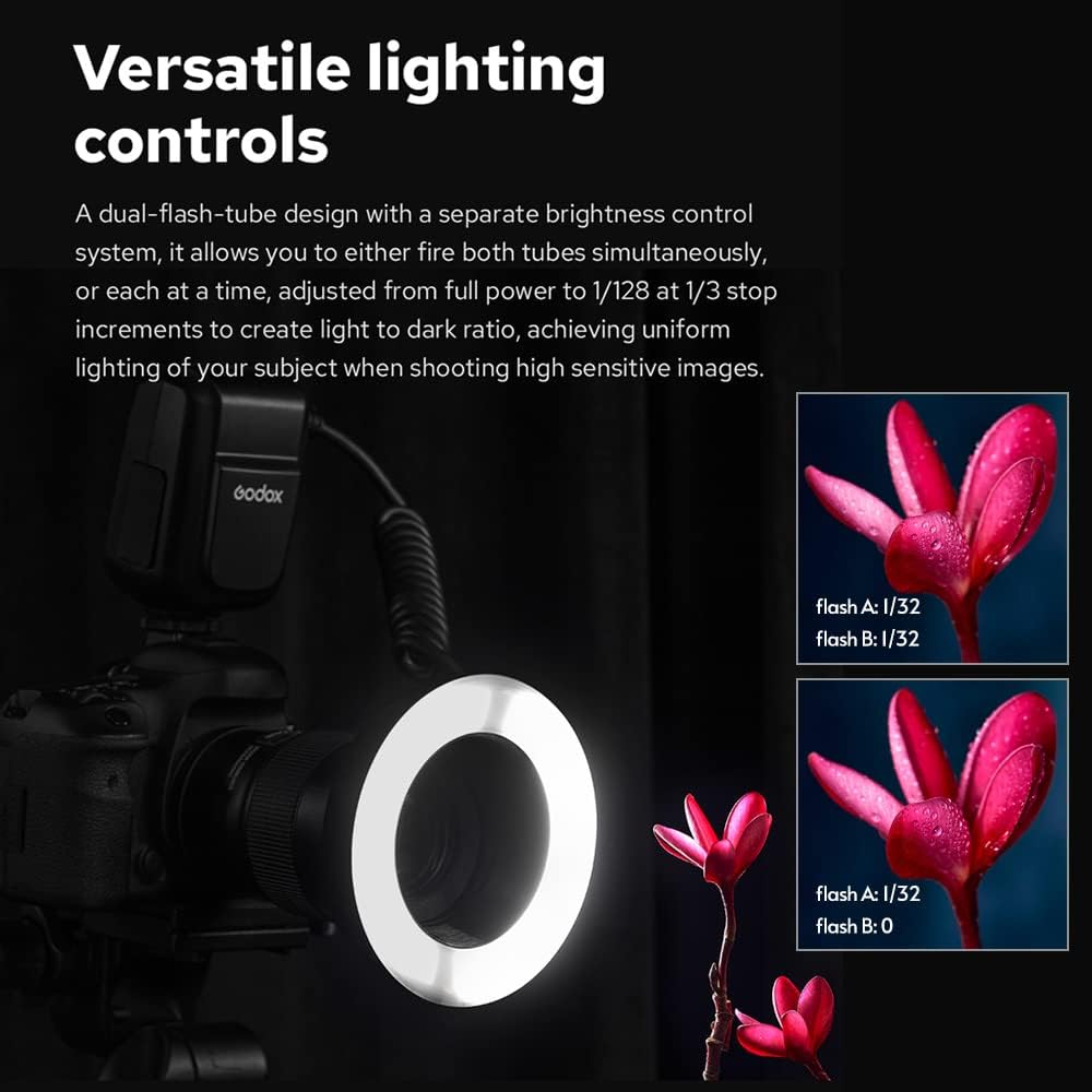 Godox MF-R76 Macro Ring Blitzlicht GN14 10 Stufen einstellbare Helligkeit mit 8 Stück Adapterring Gr