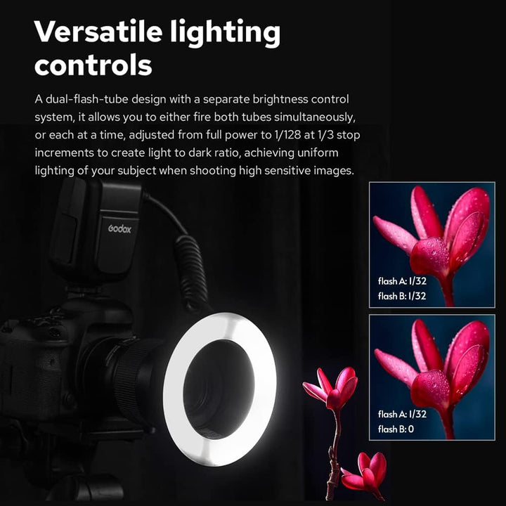 Godox MF-R76 Macro Ring Blitzlicht GN14 10 Stufen einstellbare Helligkeit mit 8 Stück Adapterring Gr