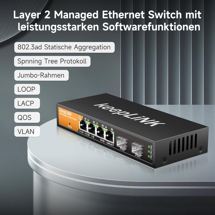 6 Port 2.5G Switch Smart Web Managed, 4 x 2.5G Base-T Ports, 2 x 10G SFP+ Slots, Support Static Link