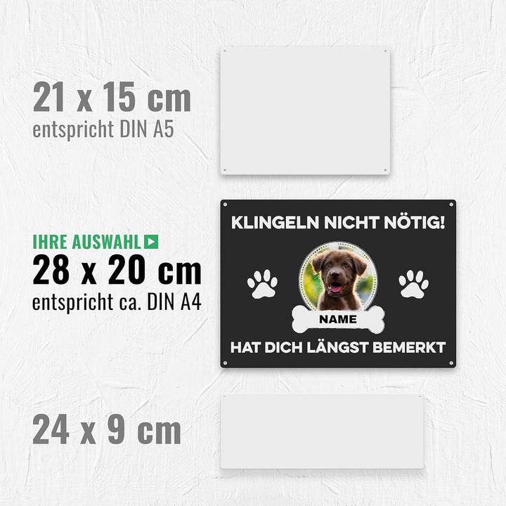 Hunde Schild personalisiert - Klingeln nicht nötig - Metallschild mit Foto und Name für aussen, wett
