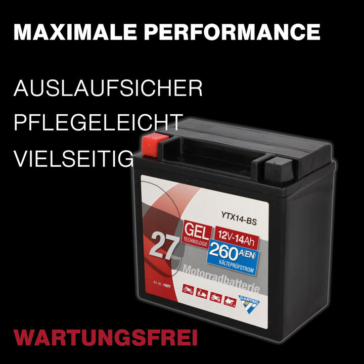 CARTEC Motorradbatterie YTX14-BS, 12Ah, 200A, Gel Technologie Motorrad-Starter-Batterie, Erstausrüst