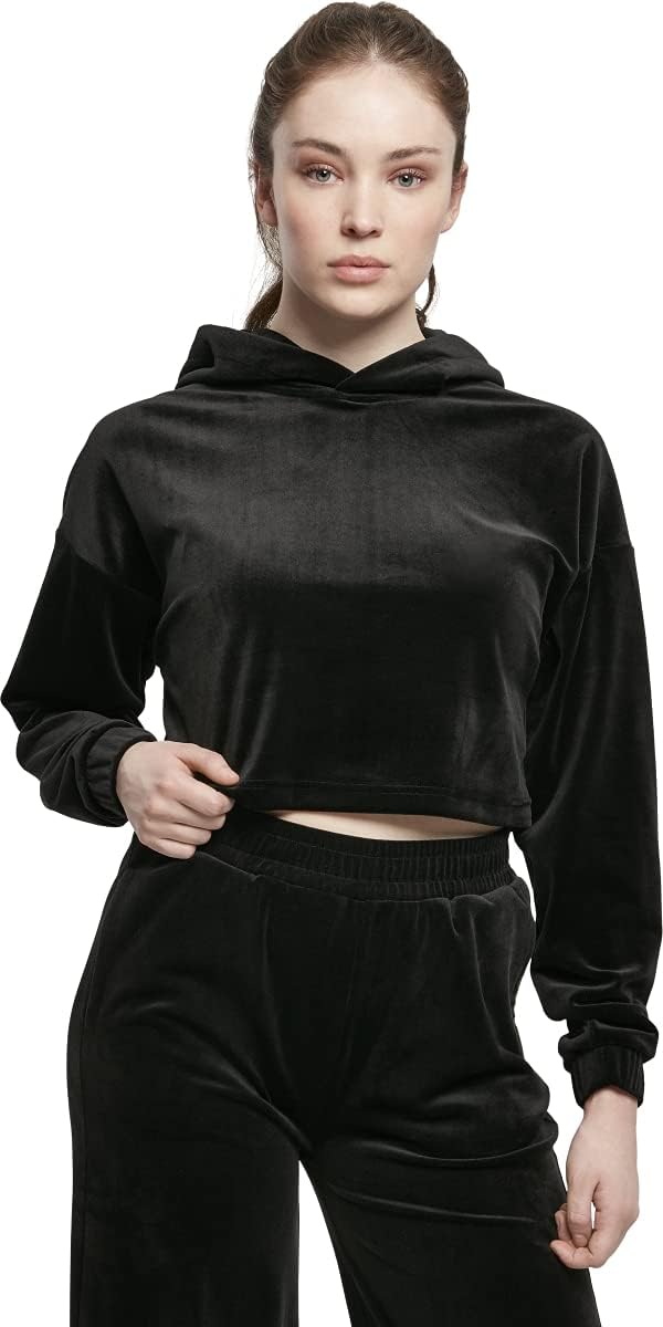 Urban Classics Damen Hoody kurzer Oversize Kapuzenpullover aus weichem Samtstoff, bauchfreier Kapuze